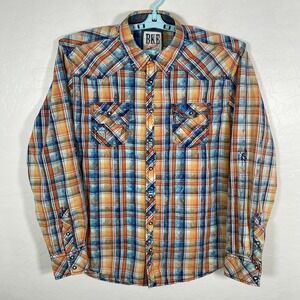 BKE Shirt Mens XL Blue Orange Pearl Snap Western Distressed Rockabilly Plaid